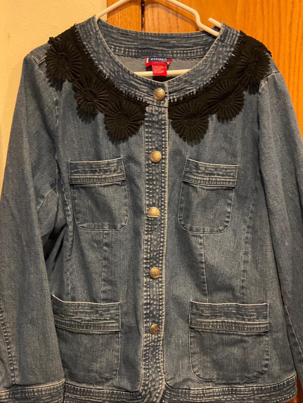 Westport Woman Blue Denim Jacket with Black Floral Appliqué